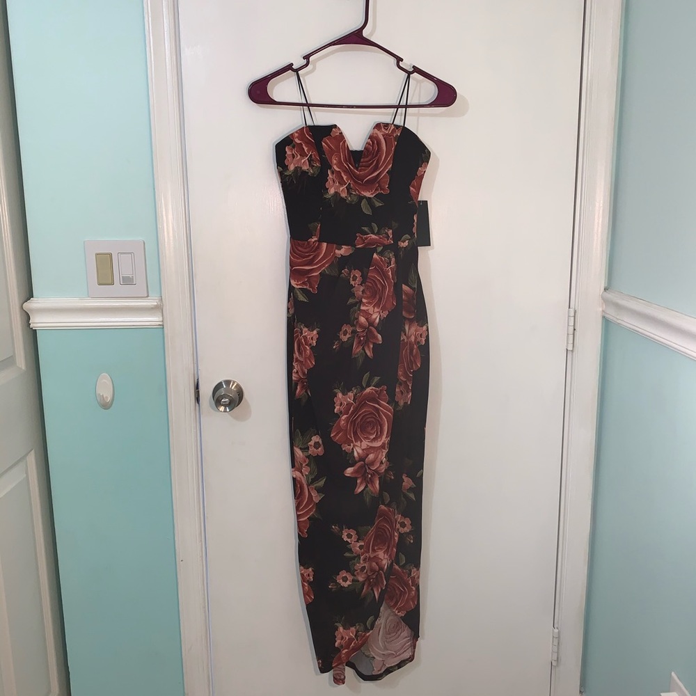 All black long floral dress; leg slit & wired neck